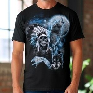 Vtg Rare Heavy Cotton Native American Skull Wolf Moon Graphic T-Shirt Black XL